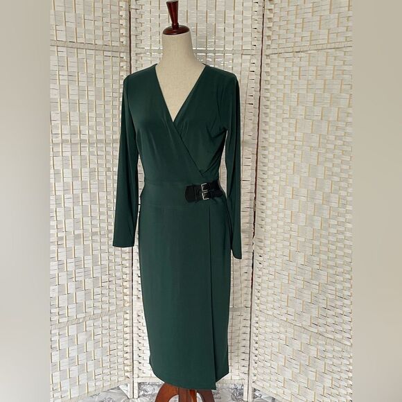 NWT Lauren Ralph Lauren green long sleeve dress with faux leather accent  size 4 - Picture 2 of 11